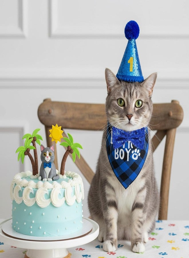 Aeaocvo Cat Birthday Hat Set, Small Pet Birthday Party Supplies, Bandana Bow Tie Collar Hat with Number for Cats Kittens Apparel Outfits (Blue) - Image 2